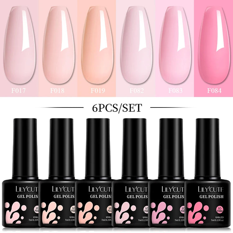LILYCUTE 6Pcs 7ML Gel DIY Nails Polish Set Bright Pink Nail Charms Soak Off UV LED Gel Varnish Nail Art Design Accessories