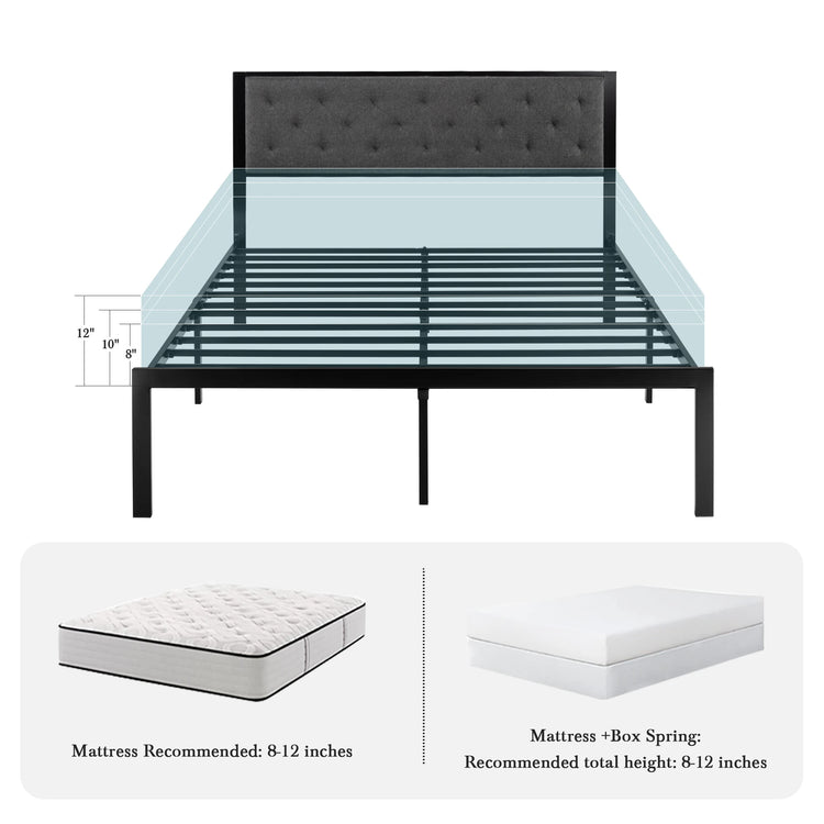 HOOMIC Metal Bed Frame with Upholstered Finely Stitched Headboard, Linen Fabric, Sturdy Foundation, No Box Spring Needed