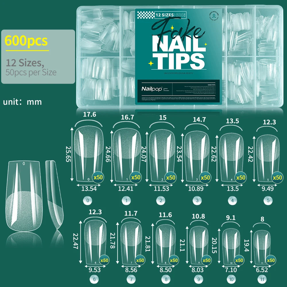 Nailpop 600PCS Soft Gel X Nail Tips Full Cover Coffin Stiletto Fake Nails Extra Short Almond Square Soak Off Gel False Nail Tips