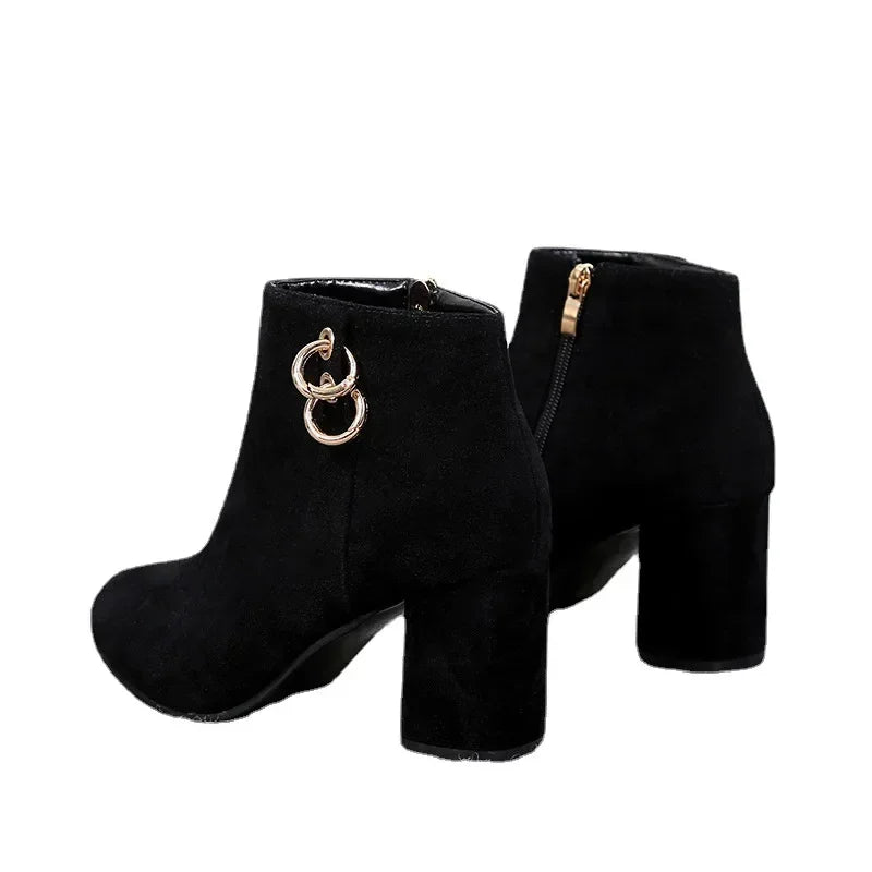 Retro Plush Warm Autumn Winter Women's Boot Vintage Block Heel Ankle Boots Zipper High Heels Women Shoes Big Sizes 43
