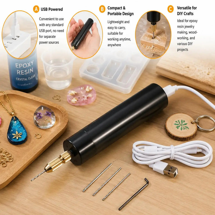 Mini Electric Drill USB Powered Handheld Rotary Tool Cordless Engraving Pen for Epoxy Resin Jewelry Making Pearl Keychain Wood Plastic Craft Boring Punching Tools Kit DIY Art Supplies Professional Grade With Multiple Speed Co