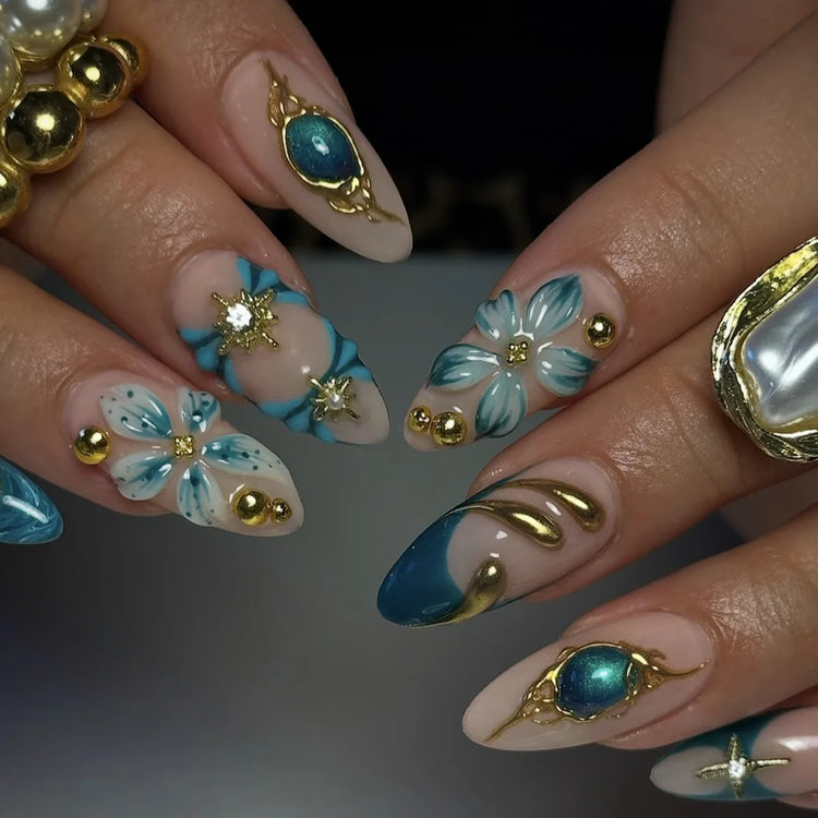 24PCS Pink Almond Press on Nails Full Cover Carved Flower 3D Ripples French Fake Nails for Women with Golden Pearl Wearable Nail
