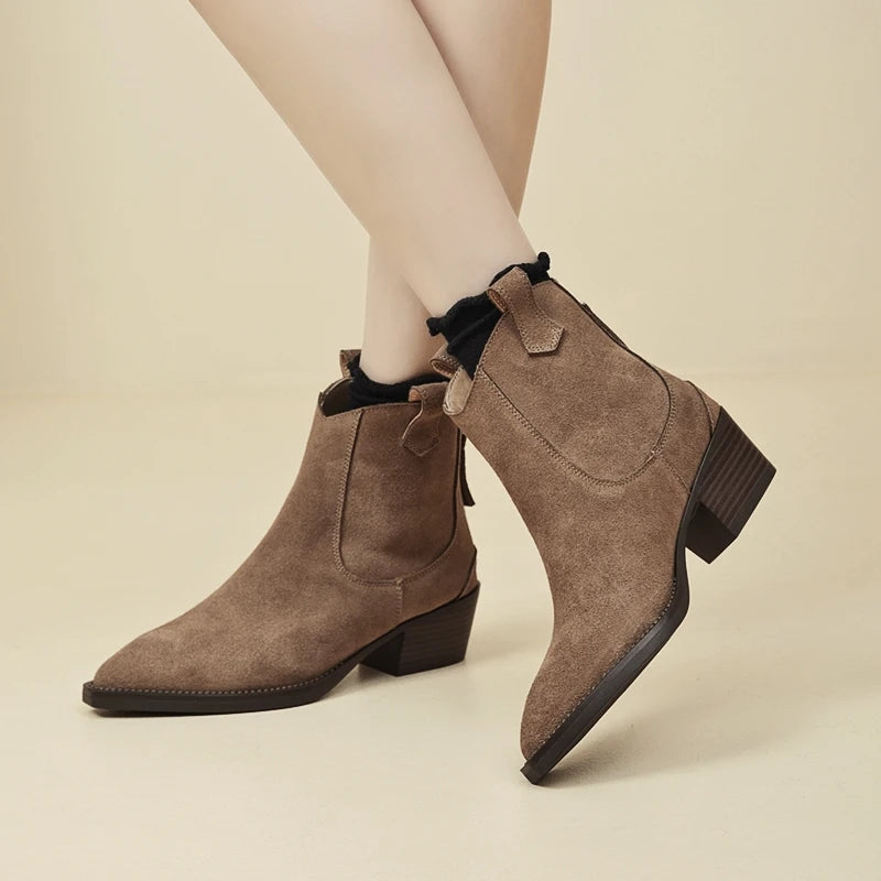 AIYUQI Women's Ankle Boots 2026 New Pointed Toe Zippered Western Cowboy Boots For Women Block Heel Work Boots Female