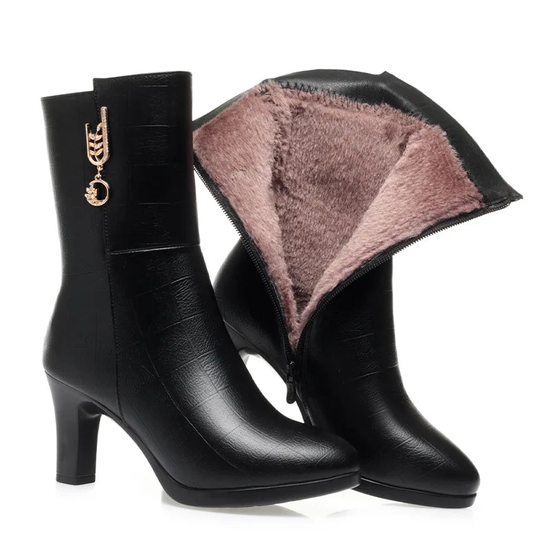 Women's Autumn Winter Fashion Leather Boots Warm High-heeled Plush Trend Mid-calf Zipper Round Head Mother Cotton Boots Outdoor