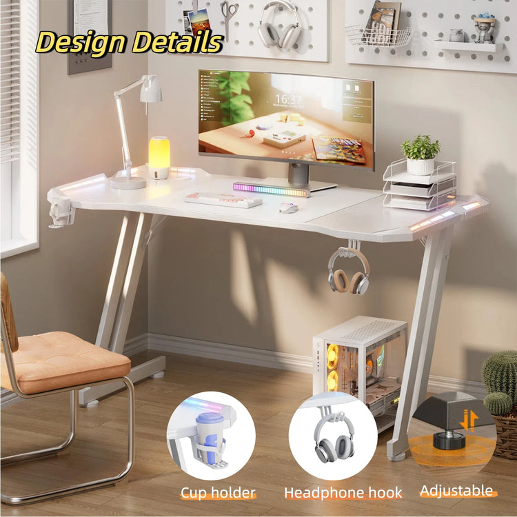 NEBMAAX White Gaming Desk RGB LED Lights Sturdy Z-Frame Workstation with Cup Holder And Headphone Hook for Home Office Gamers