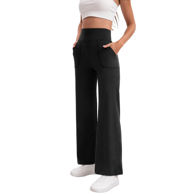 Women's High Waist Flared Yoga Pants Tummy Control M-Line Butt Lifting Two Pockets Stretchy Soft Flowy Workout Office