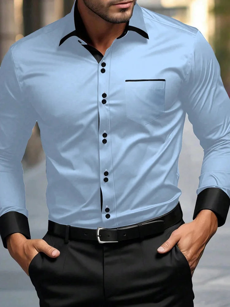 Men's Casual Business Long-sleeved Shirt, British Style Double Button Shirt, Slim Long-sleeved Lapel Shirt