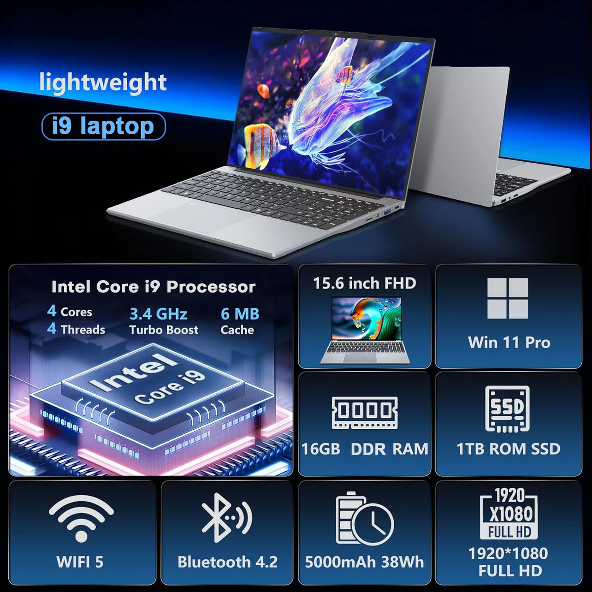 15.6 Inch Laptop Windows 11 I9 Notebook Intel Core I9-10980HK/9900 Fingerprint Unlock 16GB RAM 1TB 2TB SSD Office Gaming Laptops