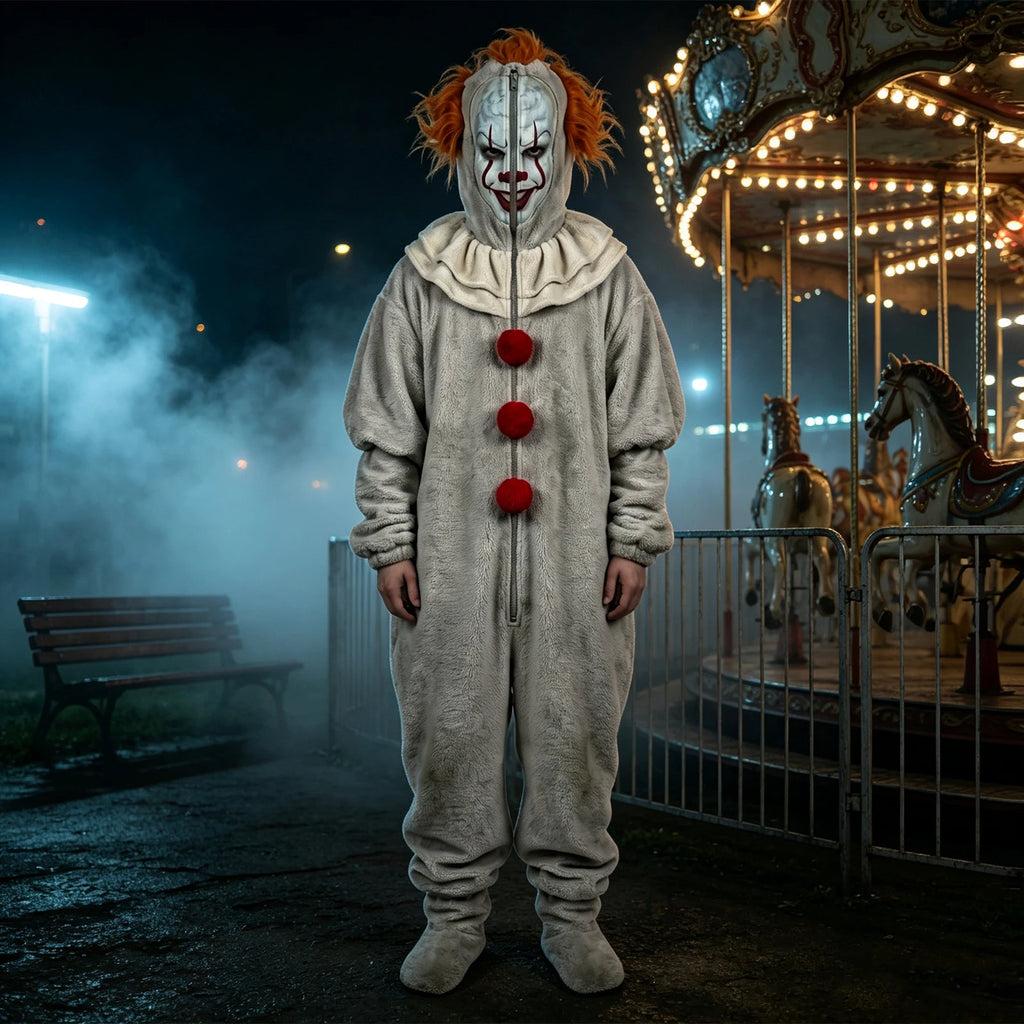 Clown Onesie Costume Cosplay Movie Role-playing Props Clown Cosplay Costume Pajama Sleepwear Halloween Bodysuit for Men Women