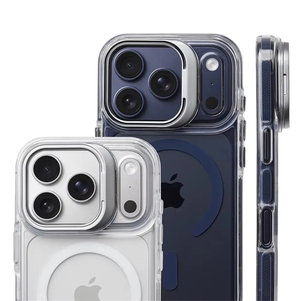 Luxury Magnetic Shockproof Clear Bumper Case for iPhone 17 18 Pro Max 16 15 14 13 12 Plus For Magsafe Lens Protect Stand Cover