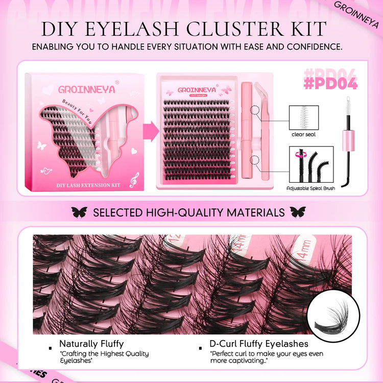 GROINNEYA DIY Lash Clusters Kit Thick Fluffy Cluster Lashes Full Set Lashes Extension with Lash Bond&Seal Individual Eyelashes