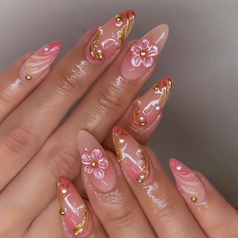 24PCS Pink Almond Press on Nails Full Cover Carved Flower 3D Ripples French Fake Nails for Women with Golden Pearl Wearable Nail