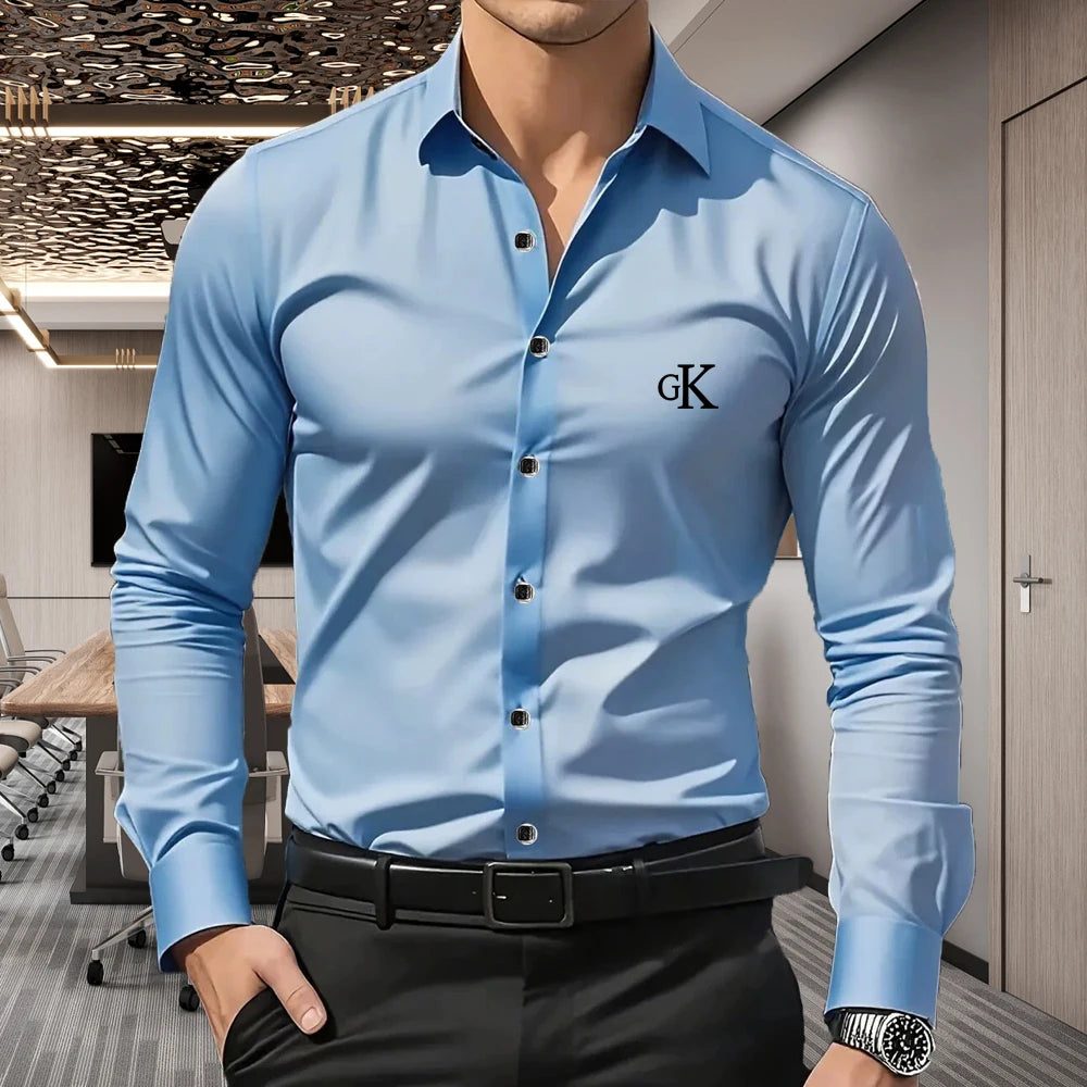 Men's Premium Business Casual Shirt, Word GK Print Slim Fit Long Sleeve Wrinkle Resistant Dress Shirt, 5 Colors Available, S-XXL