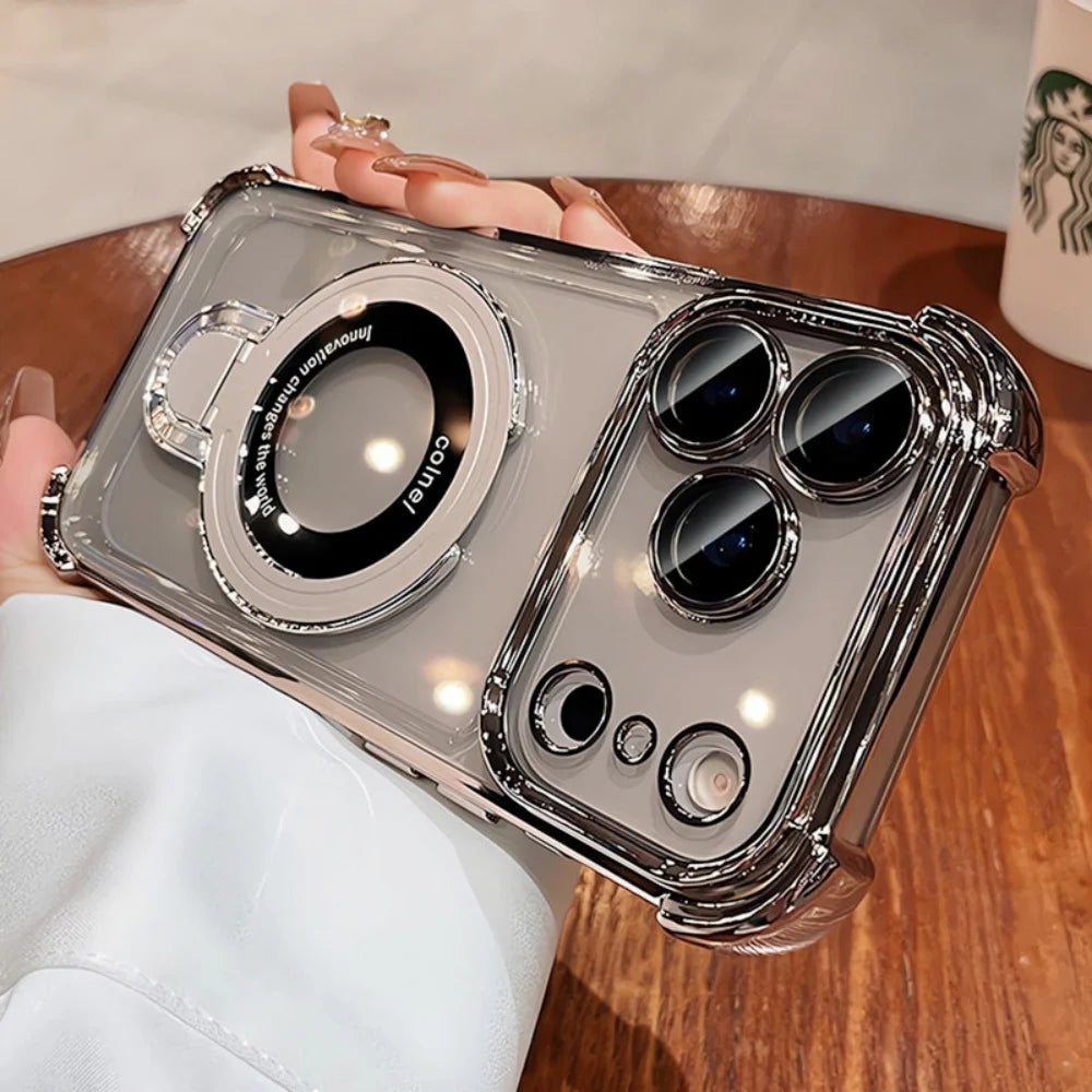 For Magsafe Wireless Charging Case For iPhone 18 Pro Max Air 14 15 Plus 13 16 17 Pro Transparent Plating Ring Holder Phone Cover