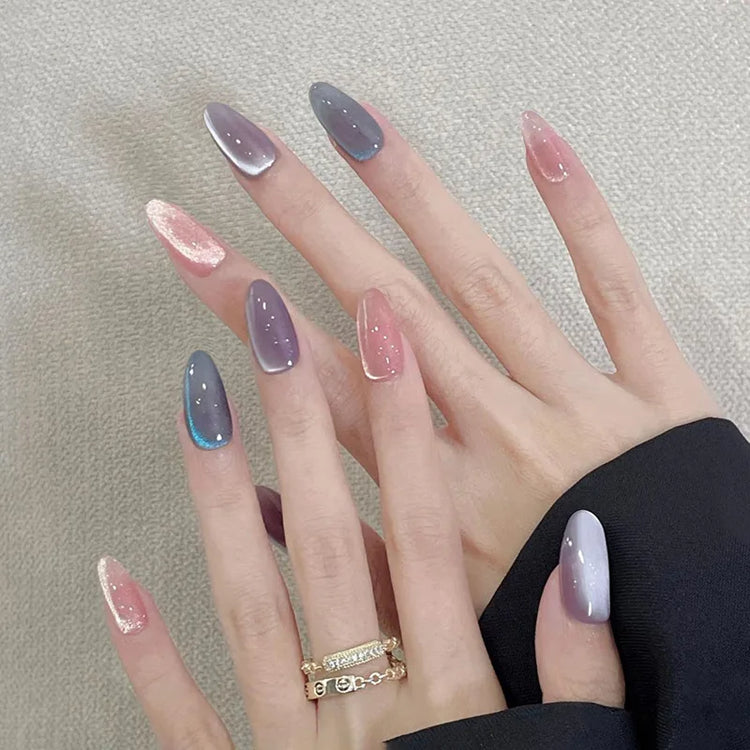 24Pcs French False Nails Almond Fake Nails with Glue Press on White Edge Design Wearable Simple Ins Pink Stiletto Nail Tips