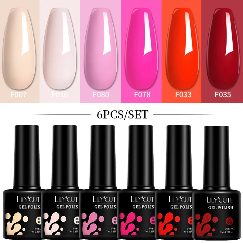 LILYCUTE 6Pcs 7ML Gel DIY Nails Polish Set Bright Pink Nail Charms Soak Off UV LED Gel Varnish Nail Art Design Accessories