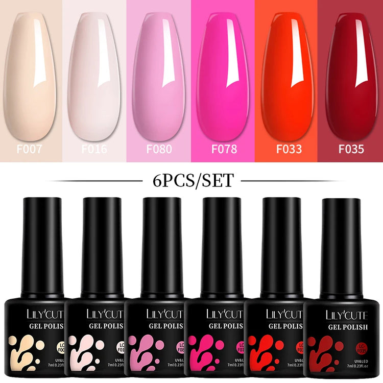 LILYCUTE 6Pcs 7ML Gel DIY Nails Polish Set Bright Pink Nail Charms Soak Off UV LED Gel Varnish Nail Art Design Accessories