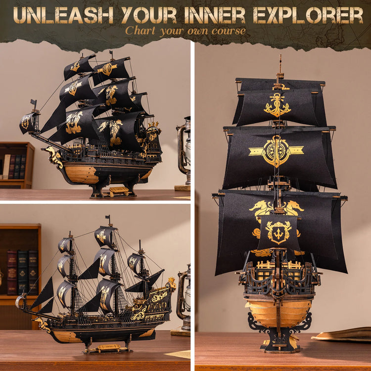ROKR Seahorse Barque Wooden 3D Puzzle 1:100 Scale DIY Sailboat Model Building Kit 603 Pieces Brain Teasers Jigsaw Toy for Adults Boys