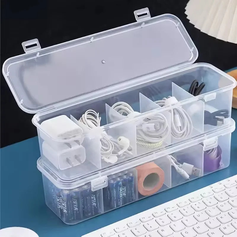 1pc Dustproof Cable Management Box, Clear Transparent Desktop Organizer with Lid, Adjustable Dividers for Cords, Storage