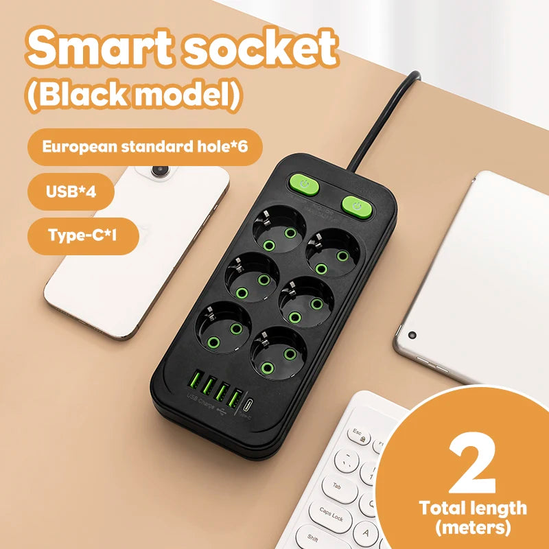 EU Plug AC Outlet Multitap Power Strip 2m Extension Cord Electrical Socket Smart USB Home Office Surge Protector Network Filter