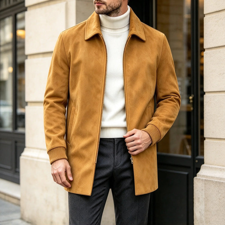 Men Faux Suede Mid Length Coat Autumn Winter Lapel Zipper Jacket Business Casual Slim Fit Windproof  Overcoat Streetwear Outwear