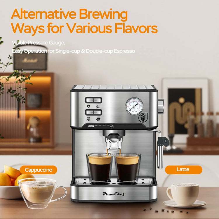Espresso Machine 20 Bar Professional Compact Household Coffee Espresso Maker with Milk Frother Steam Wand Pressure Gauge 54oz Water Tank Low Noise and Fast Coffee Machine for Cappuccino Latte