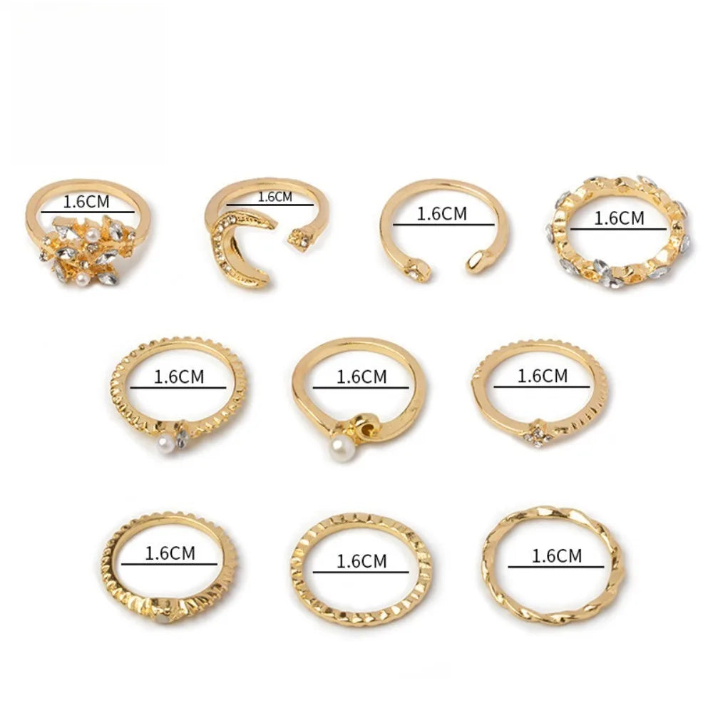 10Pcs Stackable Ring Set for Women Moon Star Heart Leaf Rhinestone Ring Y2K Finger Rings Trendy Jewelry Accessories Party Gifts