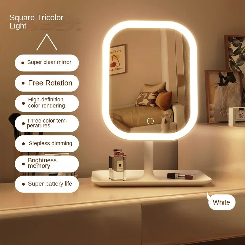 Unique Designer Vanity Mirror Three ColorsLEDLight Makeup Mirror Touch Control Desktop Mirror Bedroom Dressing Mirror