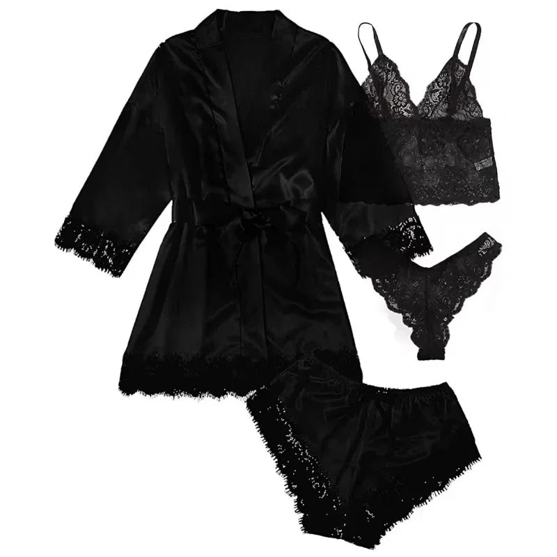 Women's Summer Sexy Pajama Pants Set 4 Pieces Lace Satin With Silk Sleepwear Robe Fashion And Comfortable Nightwear