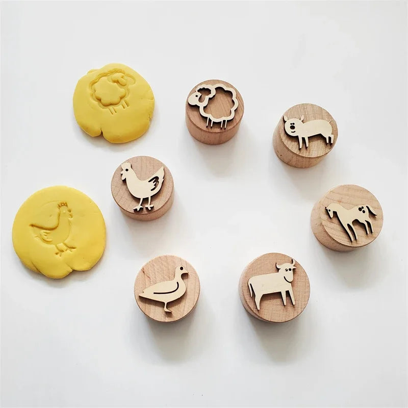 Kids Montessori Wooden Play Dough Stampers Tools Weather Insect Nature Stamps Playdough Fun Activity for Children Sensory Toys