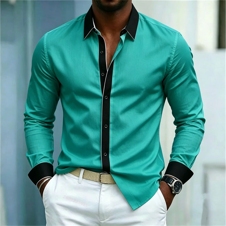 Men's Shirt Black And White Contrasting Splicing Men's Lapel Long Sleeved Shirt Slim Fit Business Casual Men's Top Size