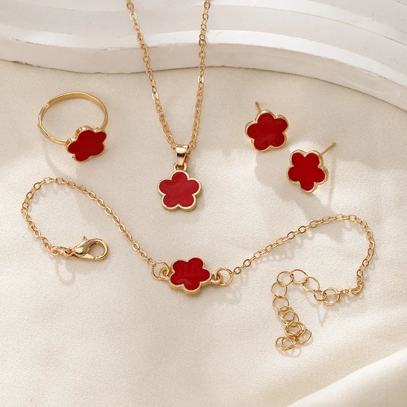 Lucky Five-petal Flower Clover Earrings Necklace Ring Bracelet Four-piece Set for Woman Fashionable Accessories Party Jewelry