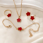 Lucky Five-petal Flower Clover Earrings Necklace Ring Bracelet Four-piece Set for Woman Fashionable Accessories Party Jewelry