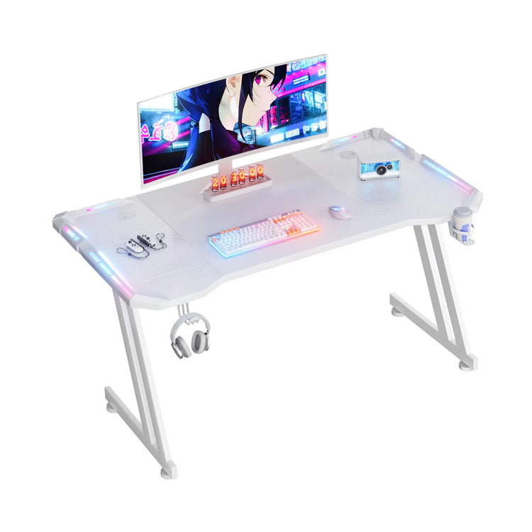 NEBMAAX White Gaming Desk RGB LED Lights Sturdy Z-Frame Workstation with Cup Holder And Headphone Hook for Home Office Gamers