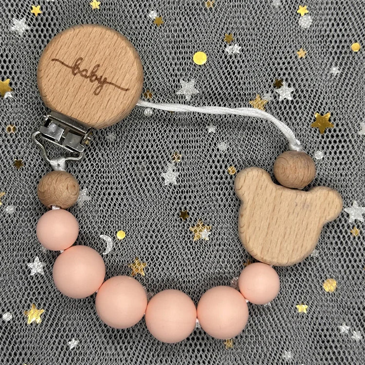 Personalized Baby Pacifier Clip Custom Name Silicone Bead Nipple Dummy Clips Engraved Infant Wooden Pacifier Holder Newborn Gift