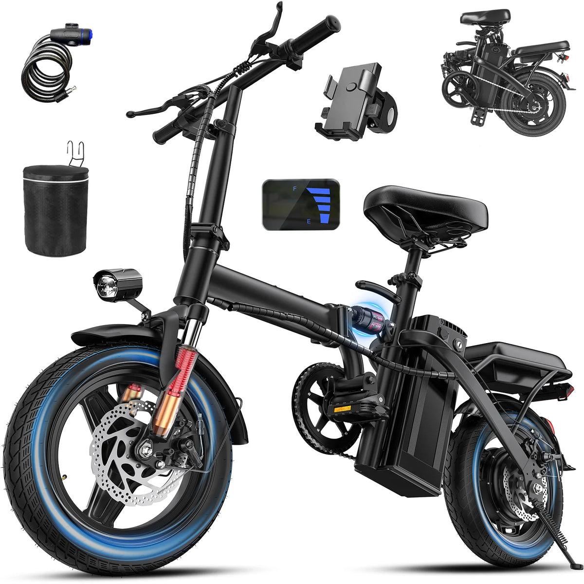 560W Electric Bikes for Adult,24MPH,14inch Folding Electric Bike,48V10.4AH Removable Battery,Multi-Shock Absorption Electric Bicycle
