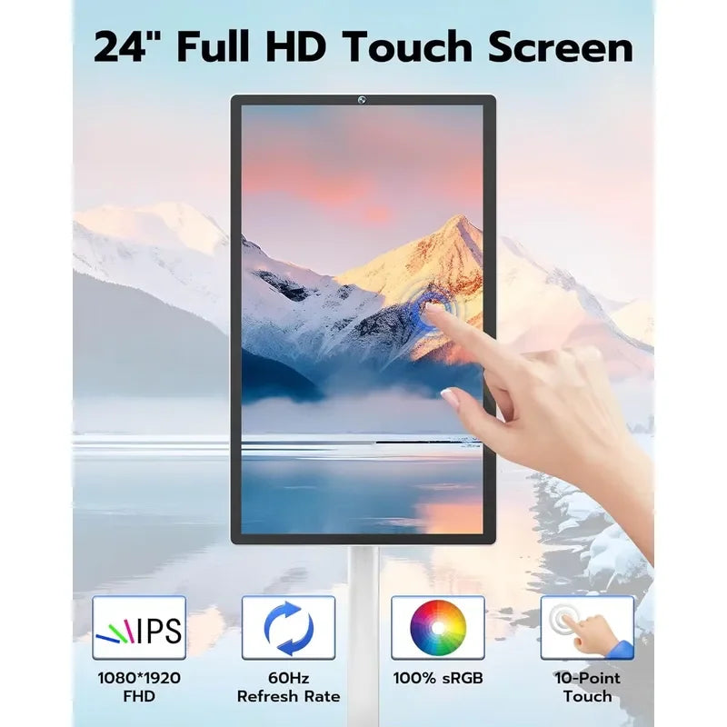 24 Inch Android Smart TV Portable LED Monitor White Movable Display Stand for Home Kitchen Bedroom Living Room Entertainment