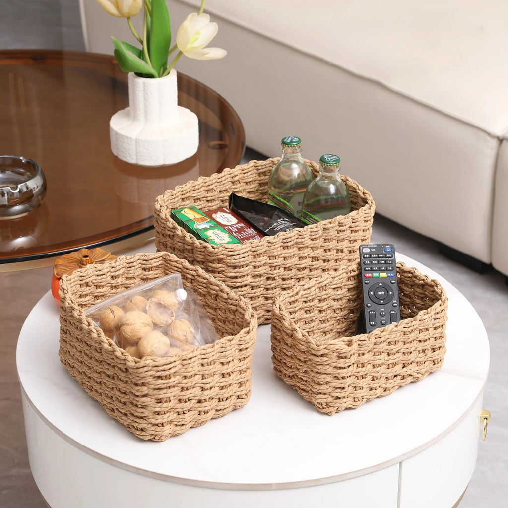 1/3pcs Handmade Straw Woven Soft Round Paper Rope Storage Basket for Organizing Decorative Storage Bins Office Storage Box