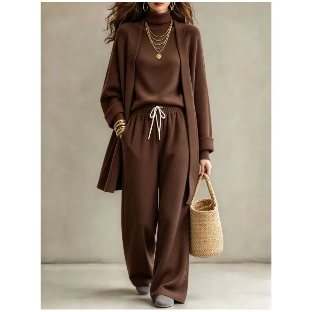 Autumn Winter New Fashion Double-sided Velvet High Collar Base Shirt Long Coat 3-piece Set Women's Casual Warm Wide Leg Suit2026
