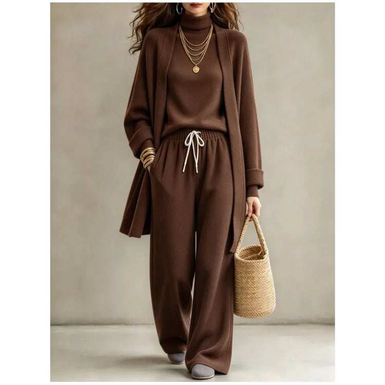 Autumn Winter New Fashion Double-sided Velvet High Collar Base Shirt Long Coat 3-piece Set Women's Casual Warm Wide Leg Suit2026