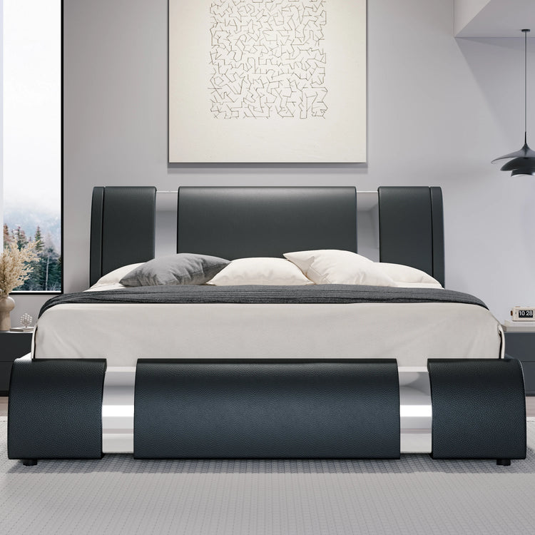 HOOMIC Modern Faux Leather Bed Frame with Iron Pieces Decor, Low Profile Platform Bed with Height-Adjustable Headboard