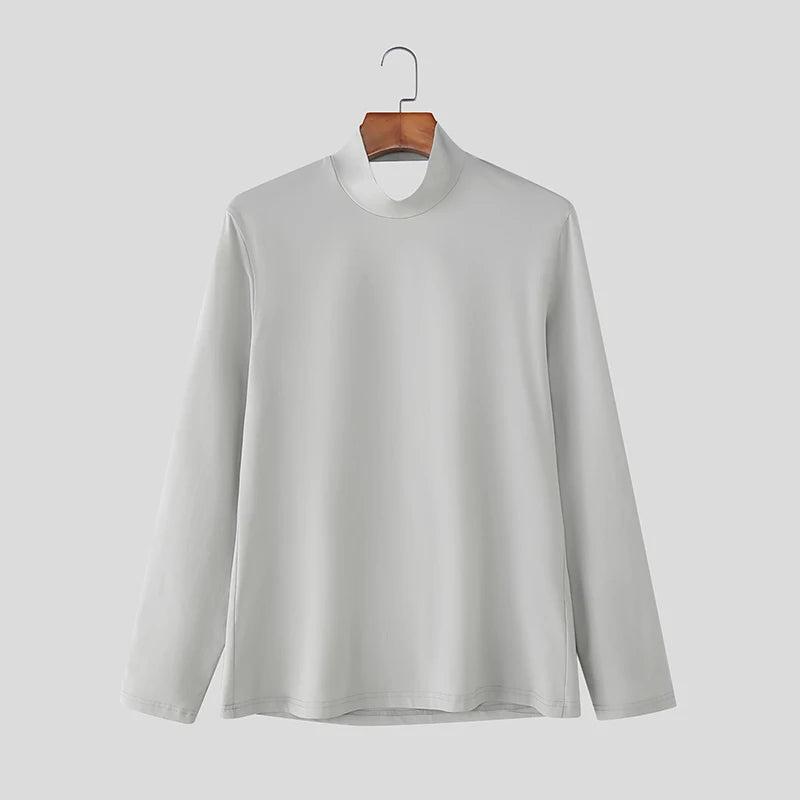 INCERUN Men T Shirt Solid Color Turtleneck Long Sleeve Hollow Out Backless Male Tee Tops Streetwear Fashion Casual Men Clothing