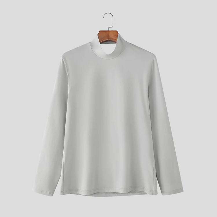 INCERUN Men T Shirt Solid Color Turtleneck Long Sleeve Hollow Out Backless Male Tee Tops Streetwear Fashion Casual Men Clothing