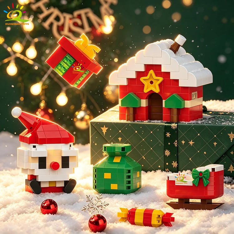 HUIQIBAO Christmas Mini Building Blocks Set DIY Santa Claus Xmas Tree Snowman House Ornament Kid Educational Assembly Toy