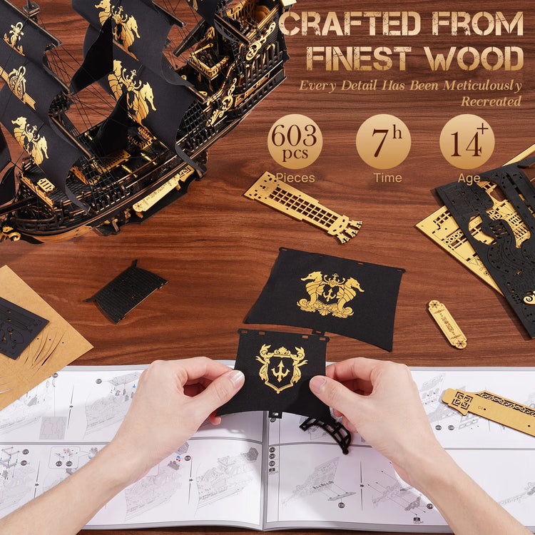 ROKR Seahorse Barque Wooden 3D Puzzle 1:100 Scale DIY Sailboat Model Building Kit 603 Pieces Brain Teasers Jigsaw Toy for Adults Boys