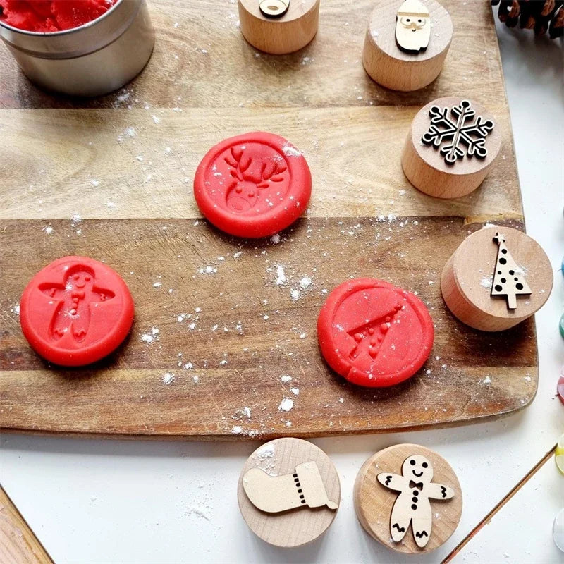 Kids Montessori Wooden Play Dough Stampers Tools Weather Insect Nature Stamps Playdough Fun Activity for Children Sensory Toys
