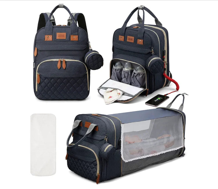 Foldable 3-in-1 Diaper Bag Backpack with USB Charge Waterproof Travel Bag Baby Bed And Changing Mat Included