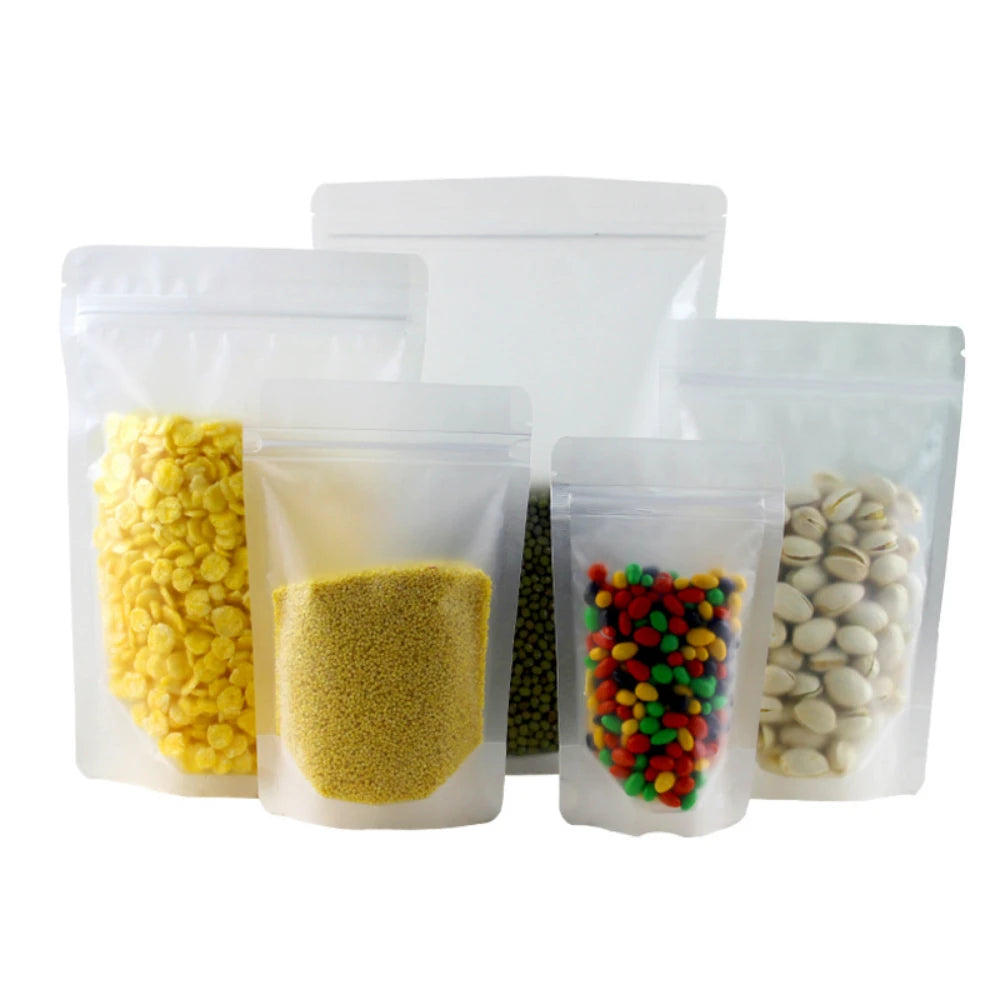 100Pcs Resealable Stand Up Frosted Plastic Zip Lock Bags for Snacks Coffee Cereals Corn Beans Beverages Packing Storage Pouches
