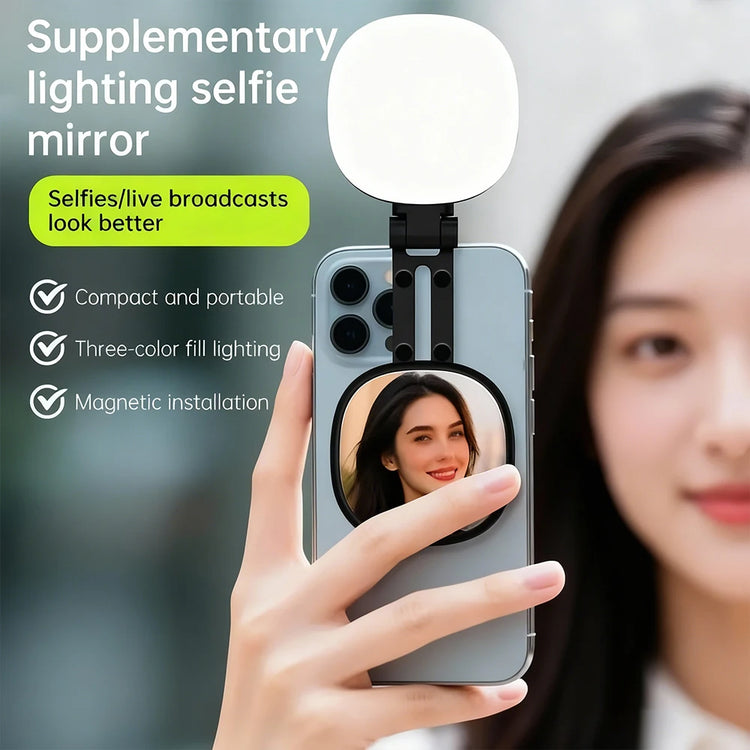 Portable Magnetic Mini 3 Tone Fill Light With Selfie Mirror Clip Phone Ring Light For Makeup Live Stream Selfie Vlog Gear