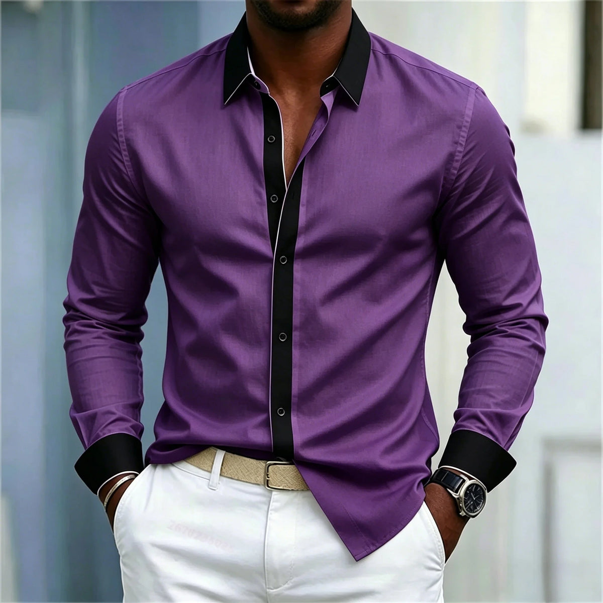 Men's Shirt Black And White Contrasting Splicing Men's Lapel Long Sleeved Shirt Slim Fit Business Casual Men's Top Size